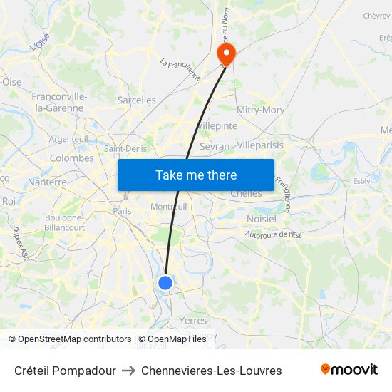 Créteil Pompadour to Chennevieres-Les-Louvres map