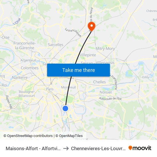 Maisons-Alfort - Alfortville to Chennevieres-Les-Louvres map