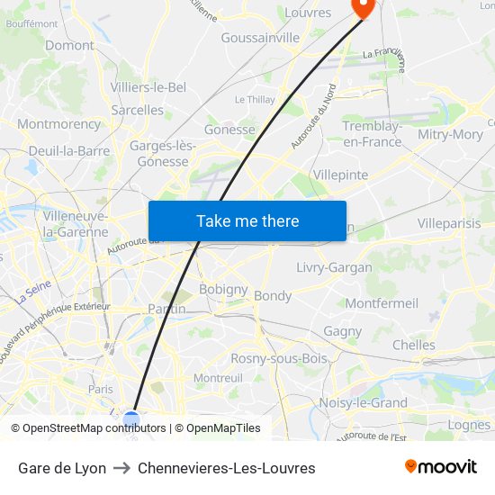 Gare de Lyon to Chennevieres-Les-Louvres map