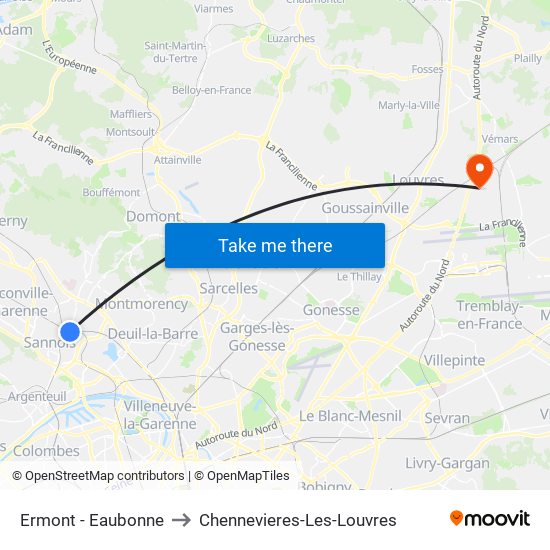 Ermont - Eaubonne to Chennevieres-Les-Louvres map