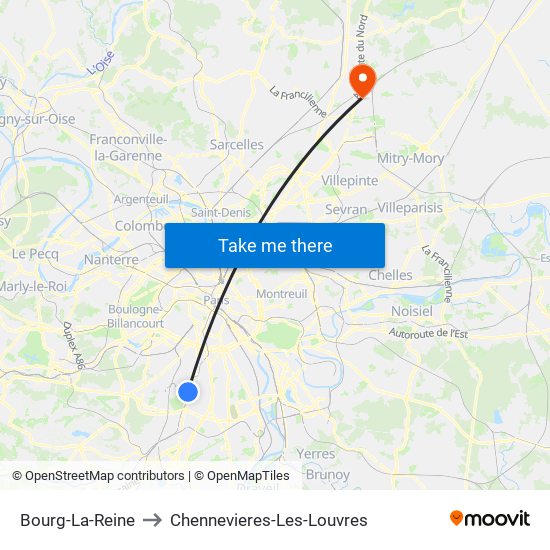 Bourg-La-Reine to Chennevieres-Les-Louvres map