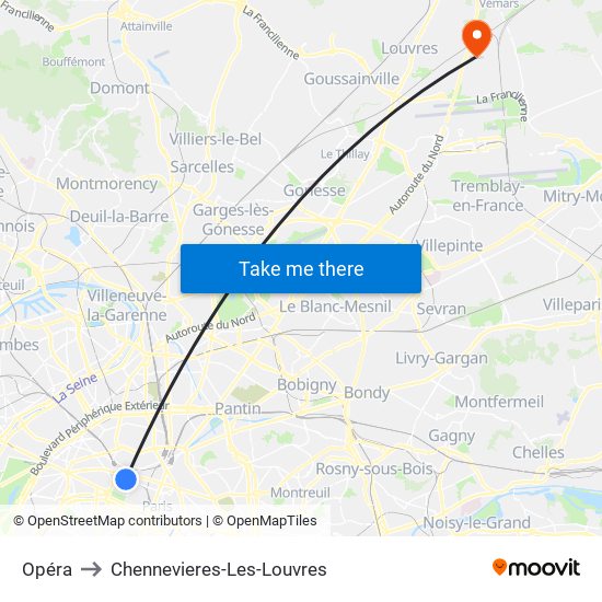 Opéra to Chennevieres-Les-Louvres map
