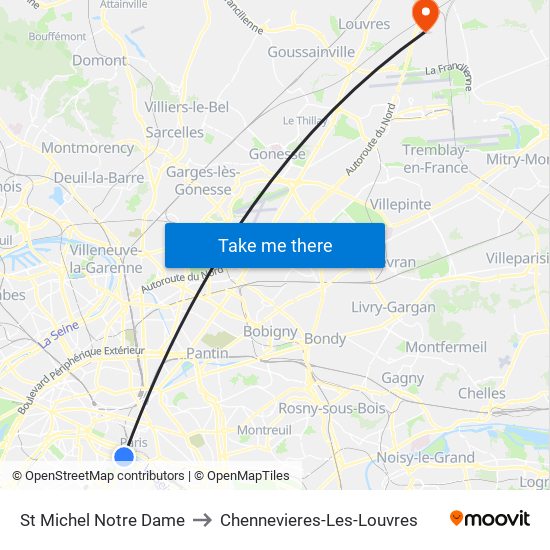 St Michel Notre Dame to Chennevieres-Les-Louvres map