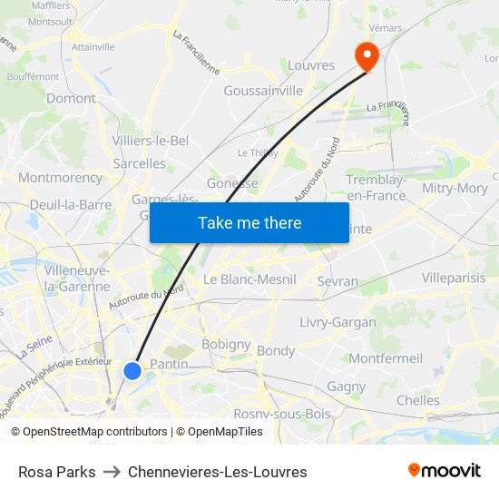 Rosa Parks to Chennevieres-Les-Louvres map