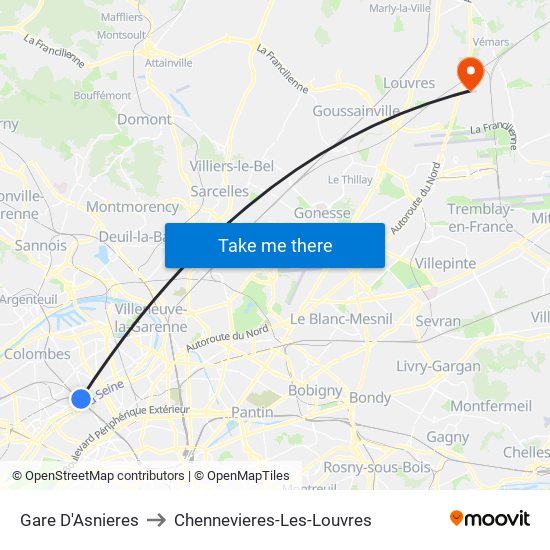 Gare D'Asnieres to Chennevieres-Les-Louvres map