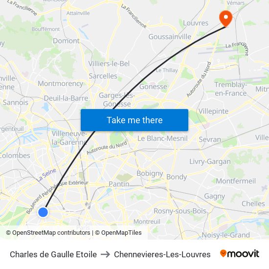 Charles de Gaulle Etoile to Chennevieres-Les-Louvres map