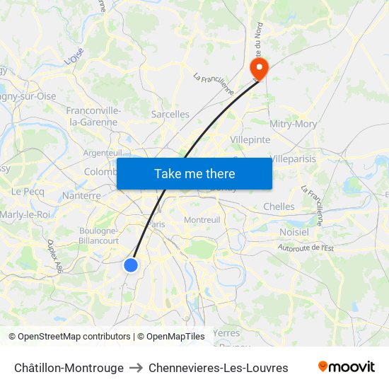 Châtillon-Montrouge to Chennevieres-Les-Louvres map
