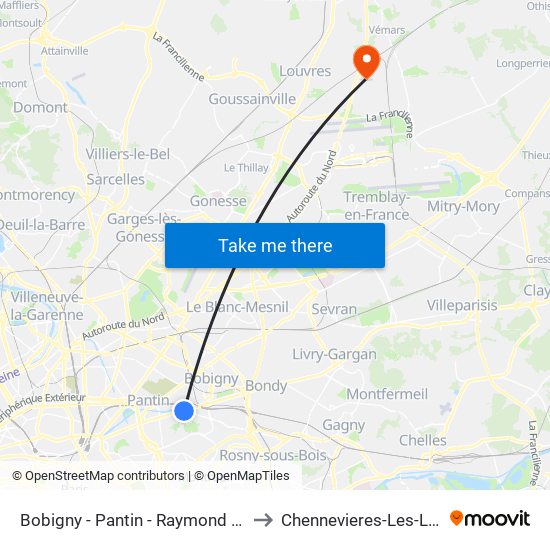 Bobigny - Pantin - Raymond Queneau to Chennevieres-Les-Louvres map