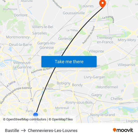 Bastille to Chennevieres-Les-Louvres map