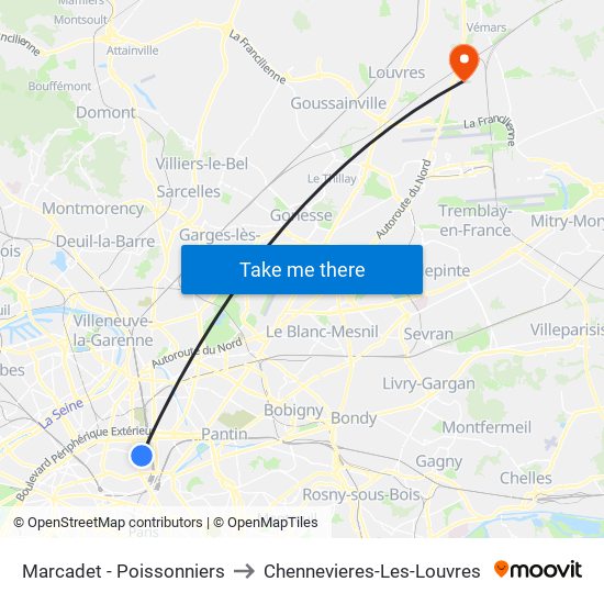 Marcadet - Poissonniers to Chennevieres-Les-Louvres map