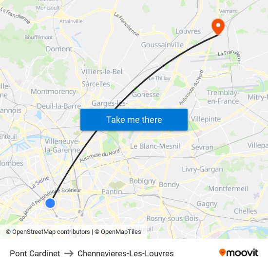 Pont Cardinet to Chennevieres-Les-Louvres map