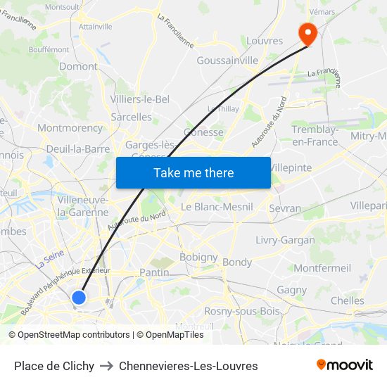 Place de Clichy to Chennevieres-Les-Louvres map