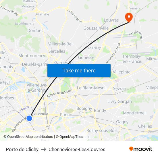 Porte de Clichy to Chennevieres-Les-Louvres map