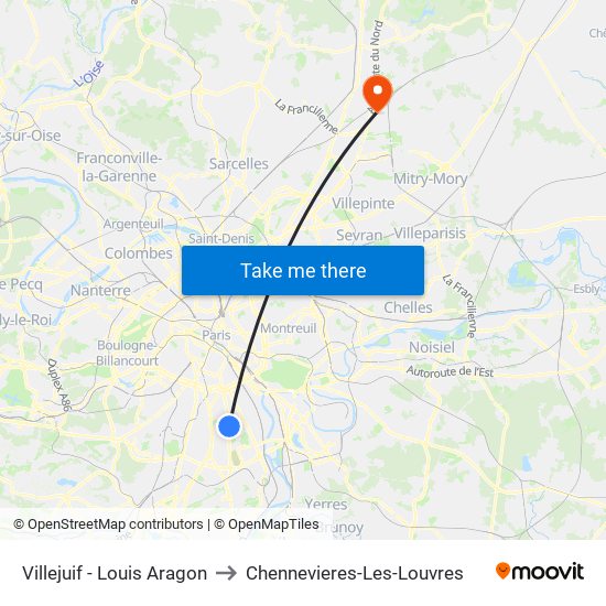 Villejuif - Louis Aragon to Chennevieres-Les-Louvres map