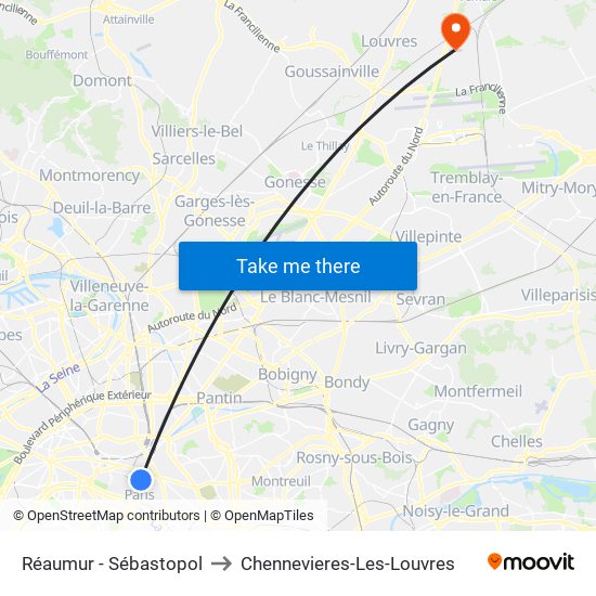 Réaumur - Sébastopol to Chennevieres-Les-Louvres map