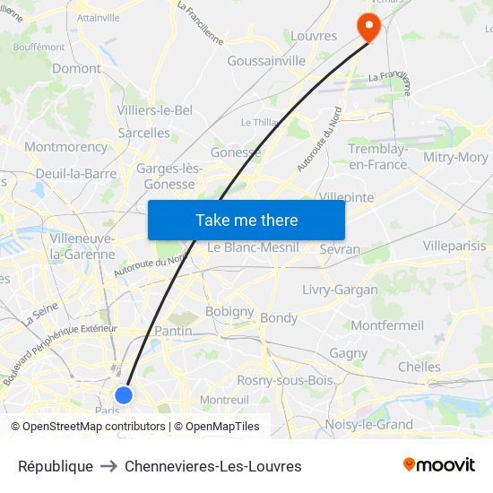République to Chennevieres-Les-Louvres map