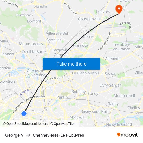 George V to Chennevieres-Les-Louvres map