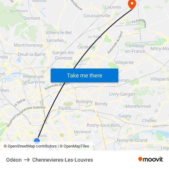 Odéon to Chennevieres-Les-Louvres map