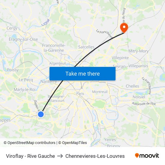 Viroflay - Rive Gauche to Chennevieres-Les-Louvres map