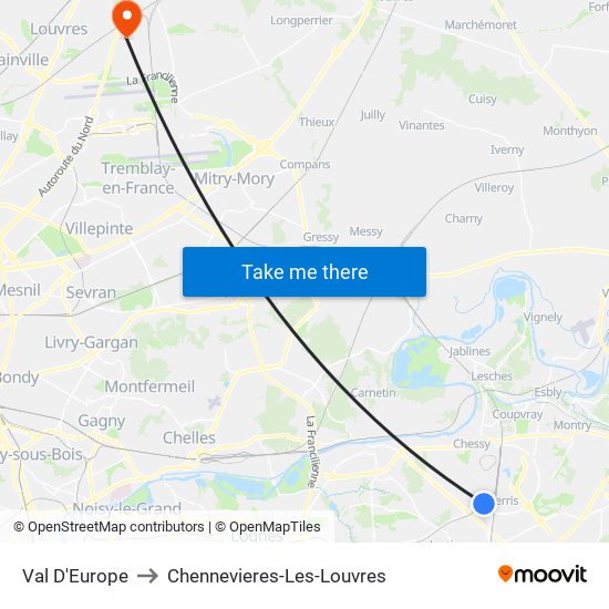 Val D'Europe to Chennevieres-Les-Louvres map