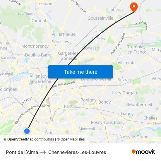 Pont de L'Alma to Chennevieres-Les-Louvres map