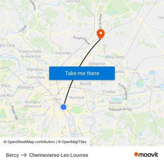 Bercy to Chennevieres-Les-Louvres map