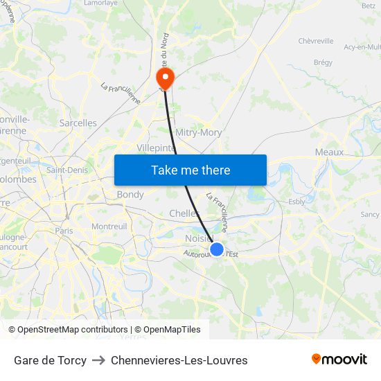 Gare de Torcy to Chennevieres-Les-Louvres map