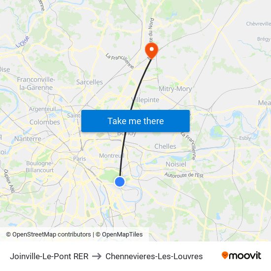 Joinville-Le-Pont RER to Chennevieres-Les-Louvres map