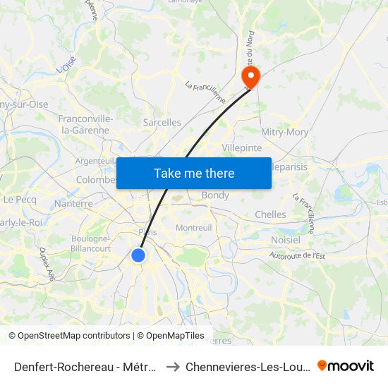 Denfert-Rochereau - Métro-Rer to Chennevieres-Les-Louvres map