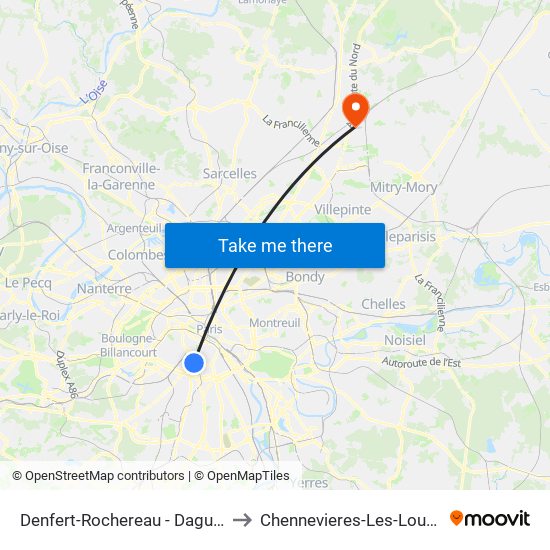 Denfert-Rochereau - Daguerre to Chennevieres-Les-Louvres map