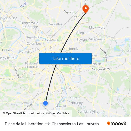 Place de la Libération to Chennevieres-Les-Louvres map