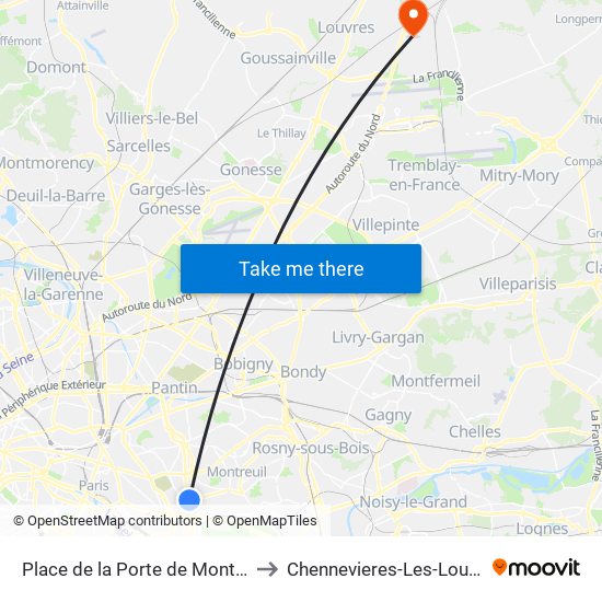 Place de la Porte de Montreuil to Chennevieres-Les-Louvres map