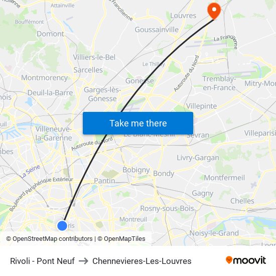 Rivoli - Pont Neuf to Chennevieres-Les-Louvres map
