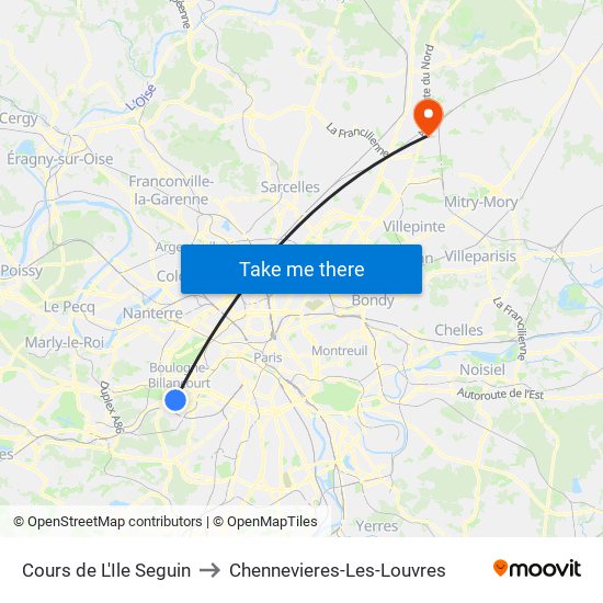 Cours de L'Ile Seguin to Chennevieres-Les-Louvres map
