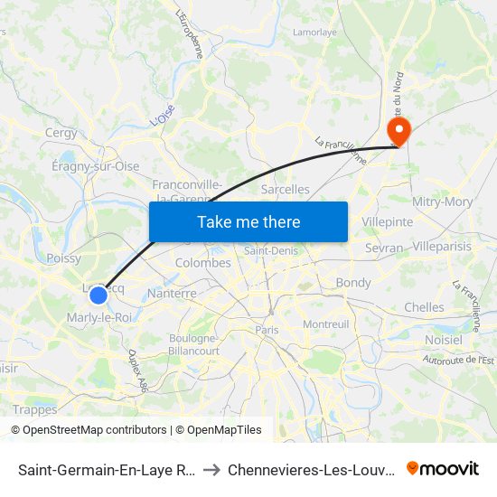 Saint-Germain-En-Laye RER to Chennevieres-Les-Louvres map