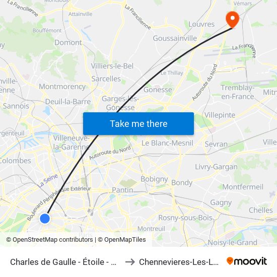 Charles de Gaulle - Étoile - Wagram to Chennevieres-Les-Louvres map