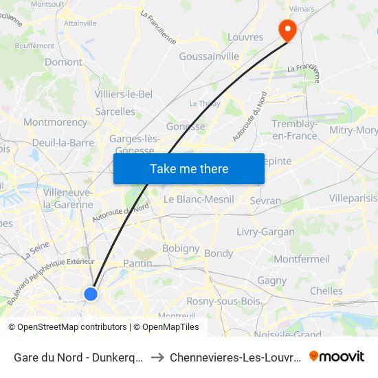 Gare du Nord - Dunkerque to Chennevieres-Les-Louvres map