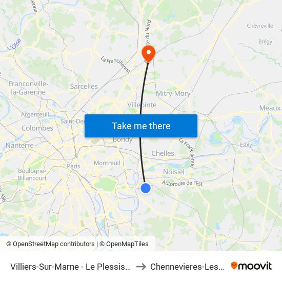 Villiers-Sur-Marne - Le Plessis-Trévise RER to Chennevieres-Les-Louvres map