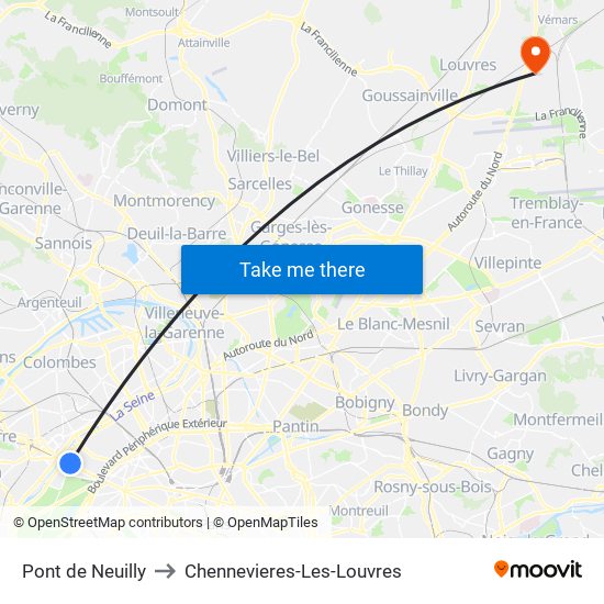 Pont de Neuilly to Chennevieres-Les-Louvres map