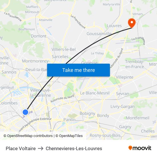 Place Voltaire to Chennevieres-Les-Louvres map