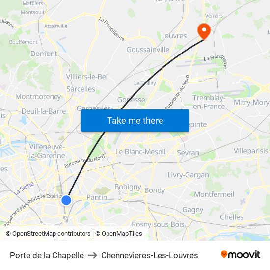 Porte de la Chapelle to Chennevieres-Les-Louvres map