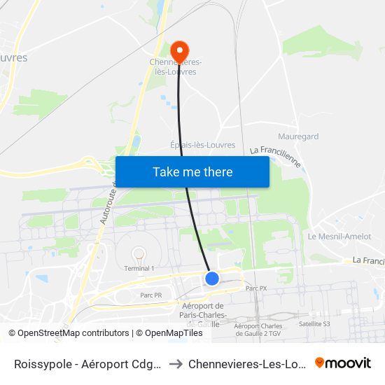 Roissypole - Aéroport Cdg1 (D1) to Chennevieres-Les-Louvres map
