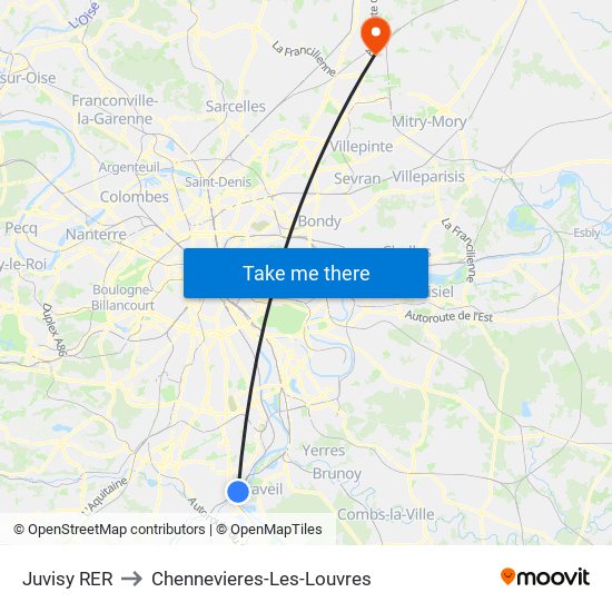 Juvisy RER to Chennevieres-Les-Louvres map