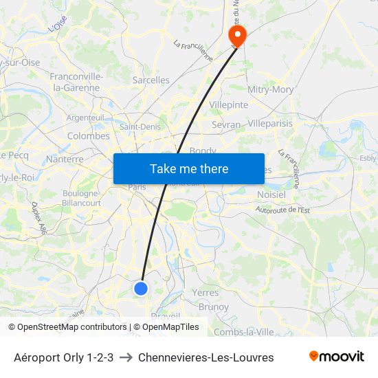 Aéroport Orly 1-2-3 to Chennevieres-Les-Louvres map