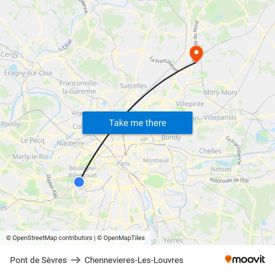 Pont de Sèvres to Chennevieres-Les-Louvres map
