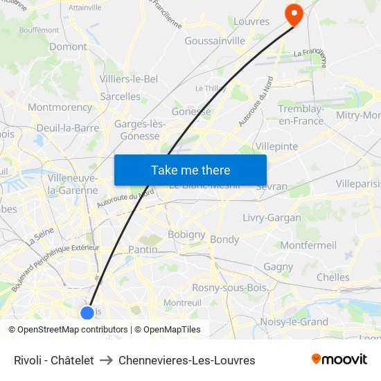 Rivoli - Châtelet to Chennevieres-Les-Louvres map