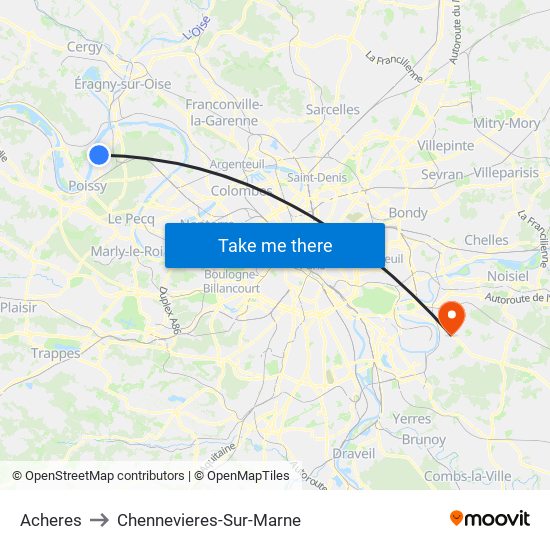 Acheres to Chennevieres-Sur-Marne map