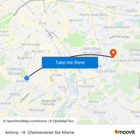 Antony to Chennevieres-Sur-Marne map