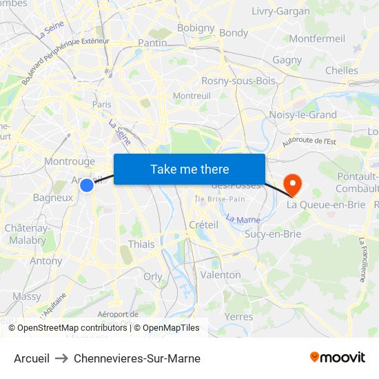 Arcueil to Chennevieres-Sur-Marne map