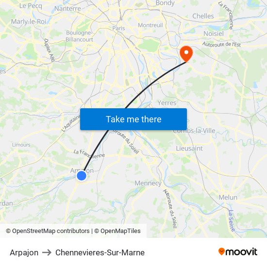 Arpajon to Chennevieres-Sur-Marne map